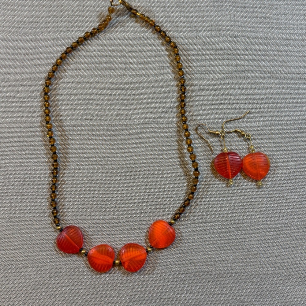Vintage Amber Orange Heart Beaded Necklace 16.5 Inch Lobster Clasp Statement
